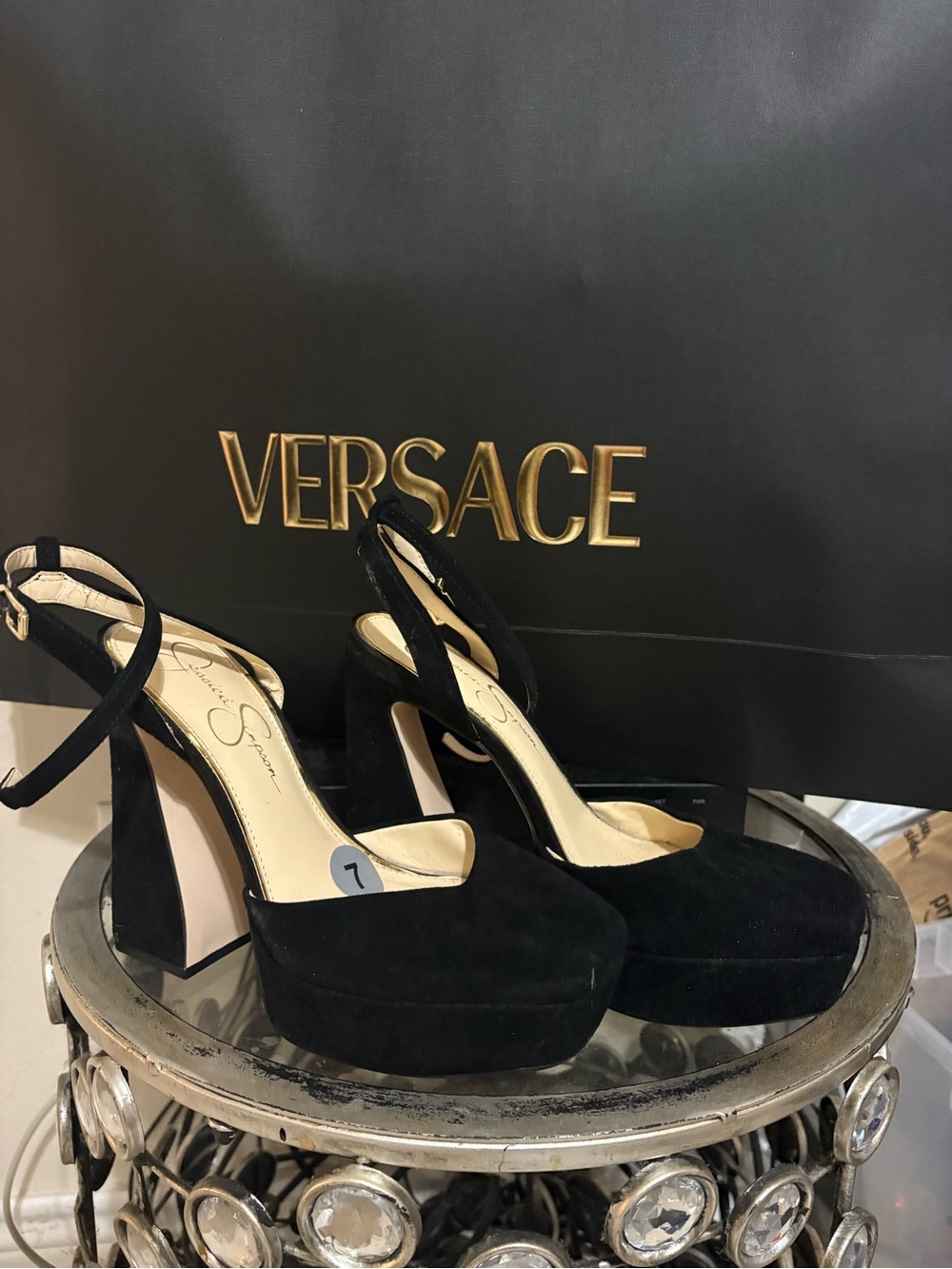 Jessica Simpson  Black Suede Platform Slingback Pumps